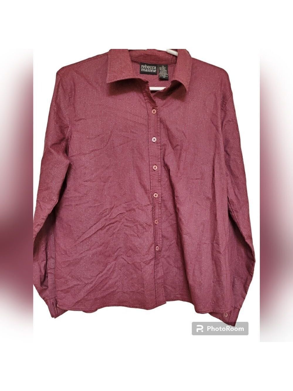Rebecca Malone Metallic Shimmer Button Up Blouse XL Purple Office Career Top